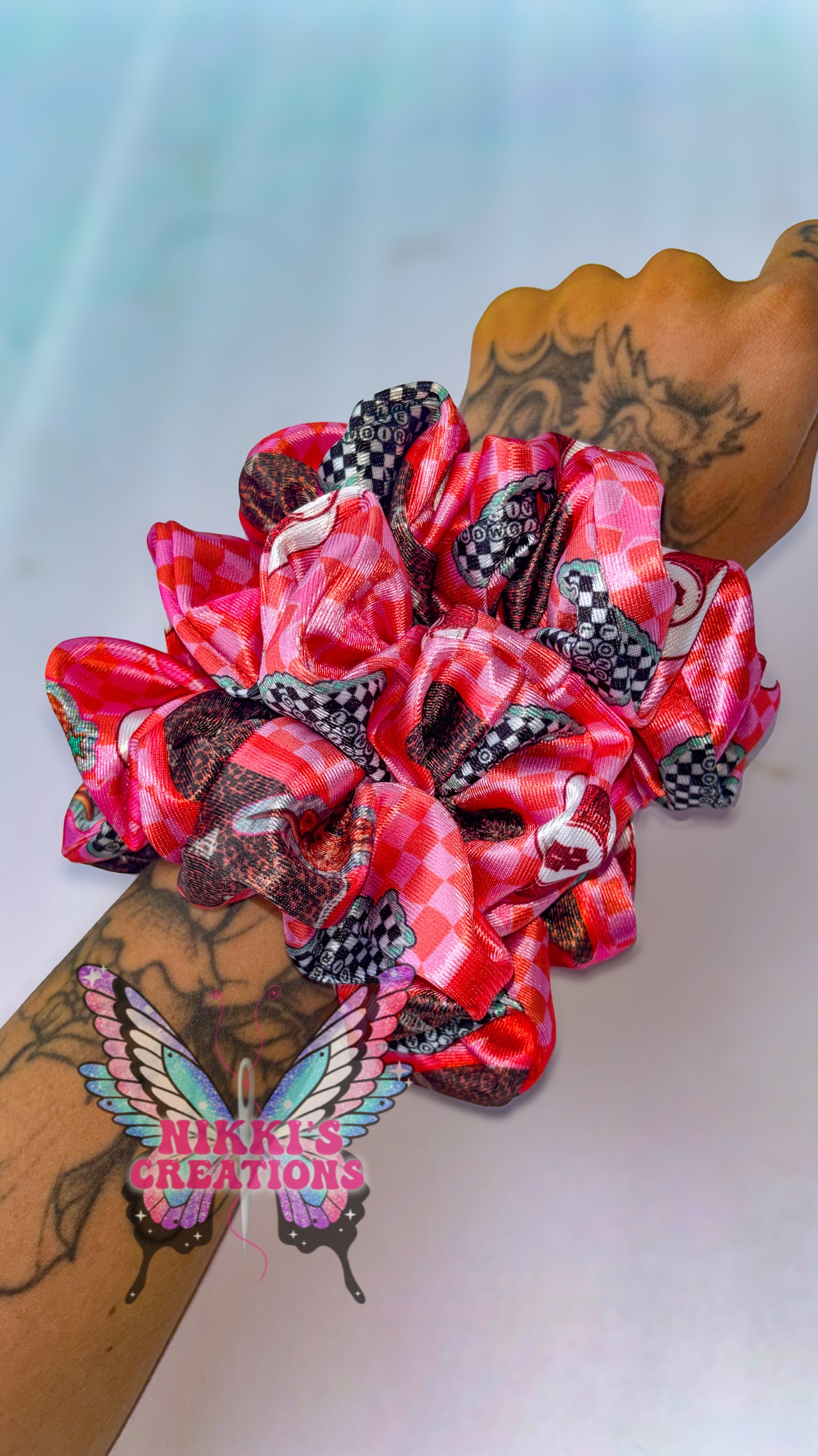 Pink Checkered Western Satin Scrunchie