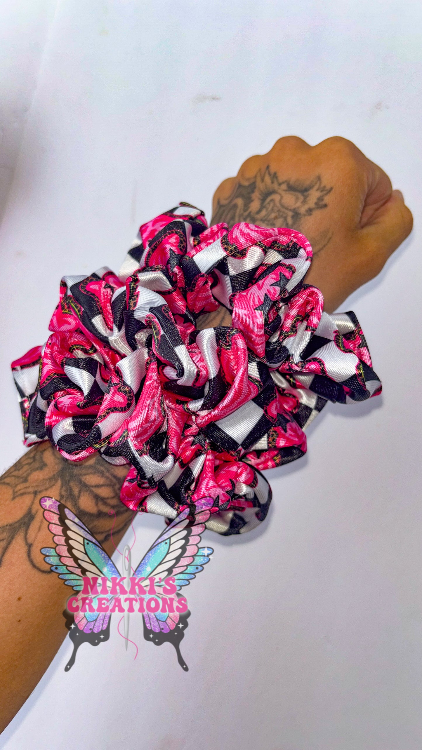 Checkered Pink Tiger Satin Scrunchie