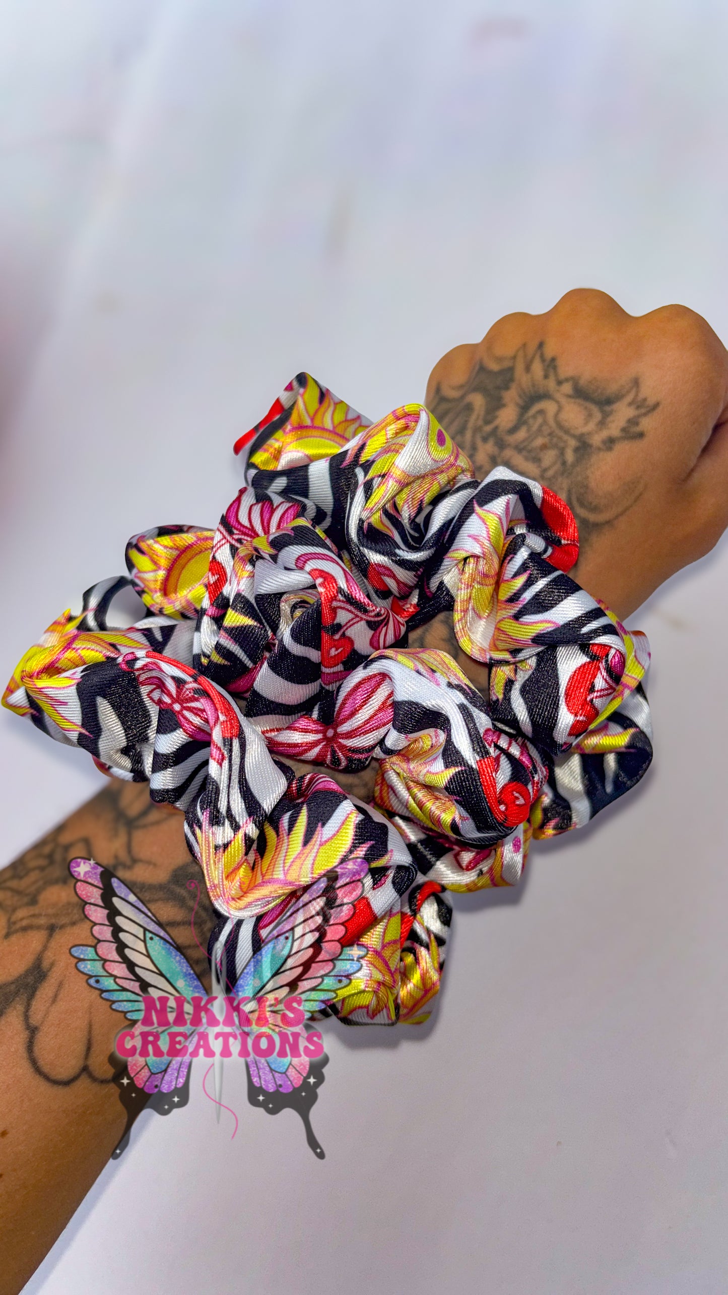 Zebra Sun & Cherries Satin Scrunchie