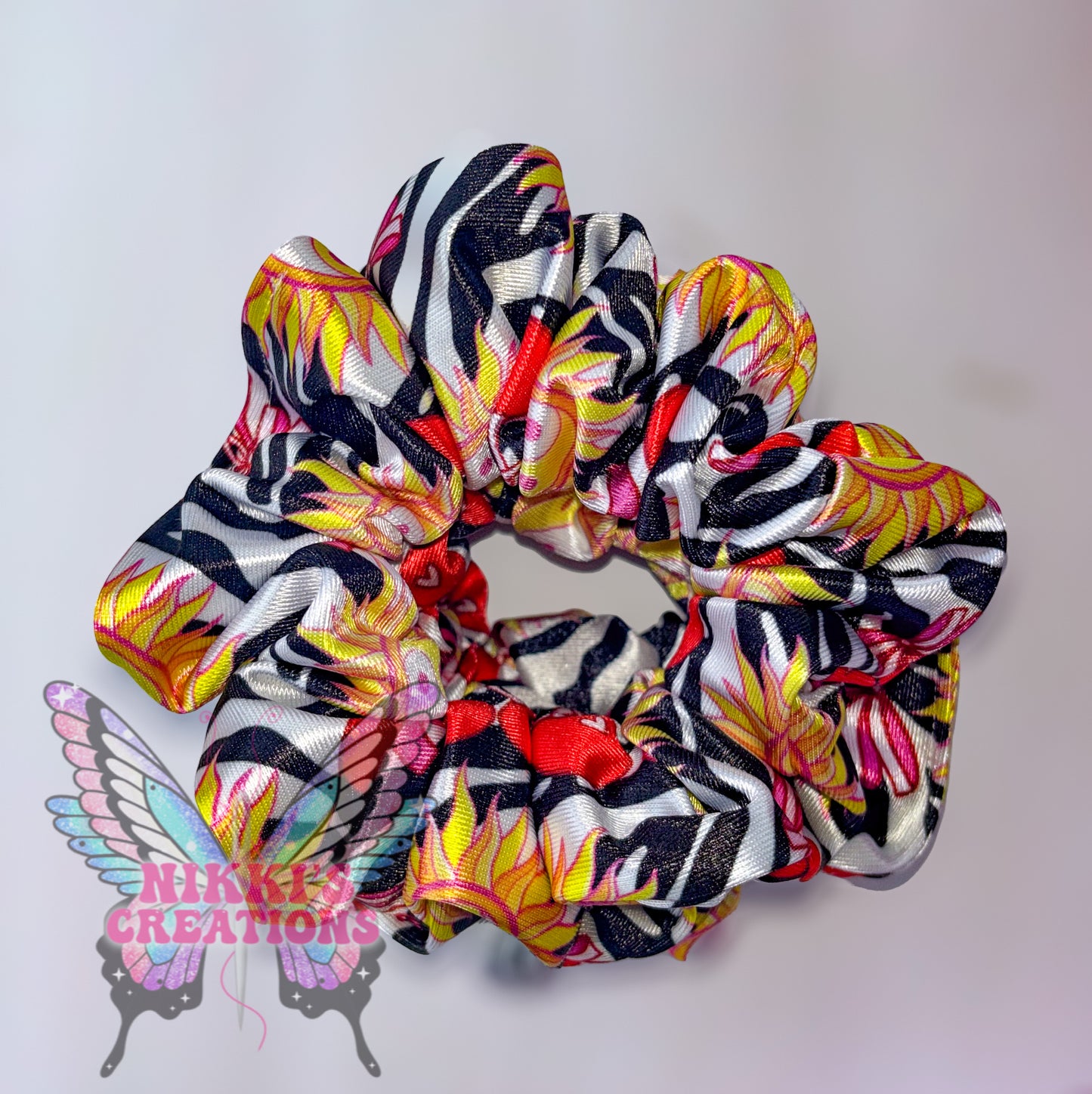 Zebra Sun & Cherries Satin Scrunchie