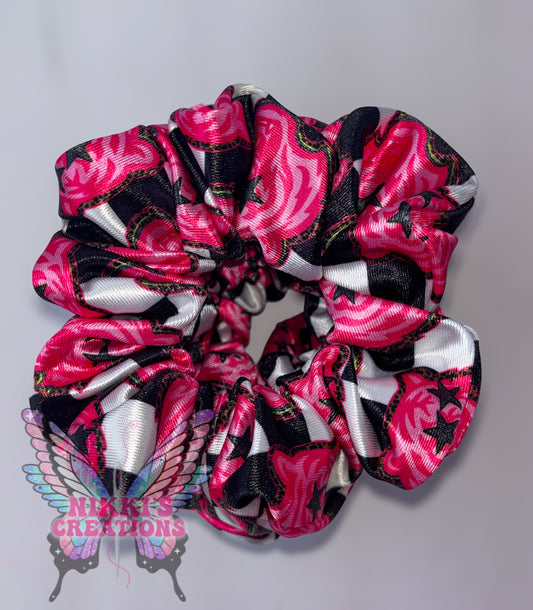 Checkered Pink Tiger Satin Scrunchie